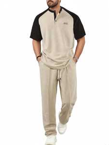 <b>Men's</b> Cotton Breathable Summer 2 in 1 Color Block <b>Henley</b> T-<b>Shirt</b> & Drawstring Pants Set Casual Short Sleeve - Product Image 1