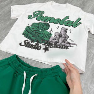 ชุดเซ็ต 2 ชิ้นสำหรับผู้ชาย Jemetal เสื้อยืดสีขาว กางเกงขาสั้นสีเขียว สไตล์สตรีท พิมพ์ลาย ชุดฤดูร้อน คอกลม ผ้าฝ้ายระบายอากาศได้ดี - Product Image 3