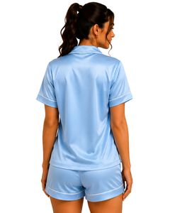 Conjunto de Pijama de Satén Azul Cielo Personalizado por el Fabricante, Ropa de Dormir de Seda para Mujer, Conjunto de Pijama de Manga Corta con Bordado de Osito de Peluche - Product Image 2