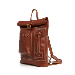 Genuine <b>Leather</b> Roll Top <b>Backpack</b> with Buckle Closure and <b>Laptop</b> Compartment Unisex Retro Style Shoulder Straps Detachable - Product Image 1
