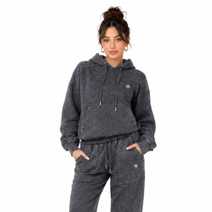Conjunto de Sudadera con Capucha Oversize de Forro Polar Lavado y Pantalones de Chándal de Pierna Ancha para Mujer, Estilo Y2K, Color Liso, OEM, Ajuste Holgado - Product Image 2