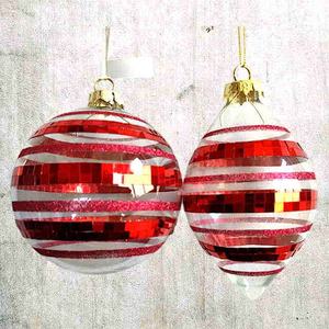 Décoration de Noël et du Nouvel An, boule en verre transparente de 100 mm de diamètre avec bande brillante dorée et rouge, ornement en forme d'oignon - Product Image 4