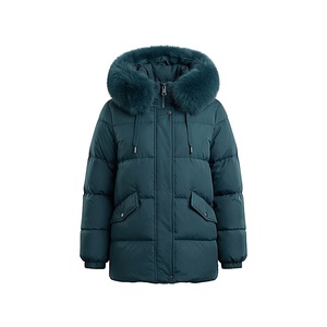 Hooded Quilted Winter Jacket With Fur Trim Thick Polyester Filling Windproof Full Sleeve Regular Length Solid Color - Product Image 1