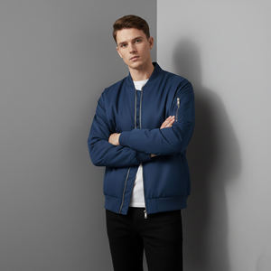 New Arrival 2026 <b>Men's</b> Navy Blue <b>Bomber</b> <b>Jacket</b> Stand Collar Zipper Closure Casual Autumn Wear Embroidered Logo Front Regular Fit - Product Image 3