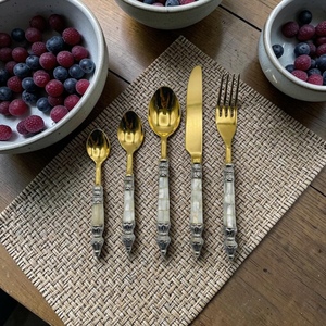 Gold Plated Cutlery Set With Mother Of Pearl Handles Vintage Design <b>Mirror</b> Finish Dinner Spoon Fork Knife Long Handle - Product Image 3