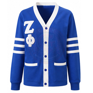 Sorority Zeta Phi Blue White Knitted <b>Cardigan</b> V-neck <b>Long</b> Sleeve Greek Embroidery Letter ZΦ 100% Cotton Women's Sweater - Product Image 1