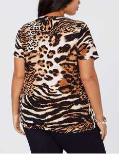 Camiseta de algodón Premium para mujer, 220g, Top Formal de gran tamaño, patrón de leopardo, bordado, flocado, ropa informal de punto suave - Product Image 3