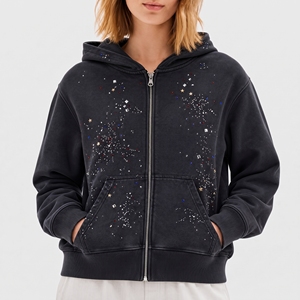 Women's <b>Vintage</b> Washed Rhinestone Star Embellished Zip Up Hoodie <b>Oversized</b> Streetwear <b>Sweatshirt</b> - Product Image 1