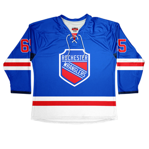 Maillot de hockey sur glace Rochester Wranglers bleu, blanc, rouge, sublimation, polyester respirant, nom de l'équipe, fermeture à nouer - Product Image 1