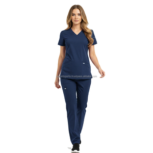 Ensemble de blouses médicales deux pièces avec détails de passepoil personnalisés, poche zippée sur la poitrine, tissu popeline extensible, unisexe, pour usage hospitalier - Product Image 1
