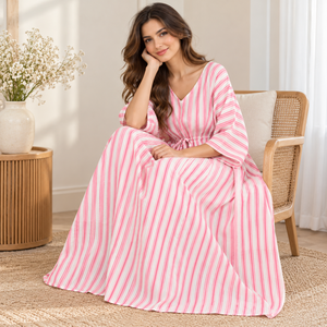 Pink White Floral Bohemian V-neck Caftan <b>Dress</b> for Women Loose Fit Long Maxi Tie Waist Breathable for All Seasons Resort Wear - Product Image 4