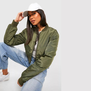 Chaqueta Bomber Verde Oliva para Mujer, de Alta Demanda, Manga Larga, Cierre de Cremallera, Cuello Camisero, Color Sólido, para Otoño - Product Image 1
