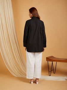 Chemise en coton noir brodée à manches longues, coupe ample, col rabattu, tenue décontractée pour tous les jours, toutes saisons, belle robe - Product Image 2