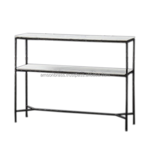 Table console en métal avec dessus en verre argenté Table console géométrique en métal avec verre miroir décoratif - Product Image 4