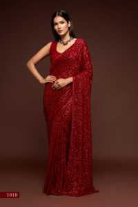 Luxury <b>Red</b> Sequin Saree Heavy Maroon Sequence Work Georgette Sari Designer Indian Wedding Wear Party Wear Sarees With <b>Blouse</b> - Product Image 5