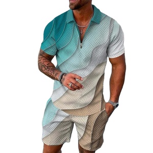 ชุดสเวตเตอร์ลำลองสำหรับผู้ชายฤดูร้อน2ชิ้นเสื้อโปโลมีซิปกางเกงขาสั้นสีพื้นพิมพ์ลายไล่ระดับสีทันสมัยเสื้อสวมหัวกันลม - Product Image 3