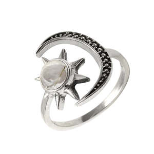 925 Sterling <b>Silver</b> Moon And Sun <b>Ring</b> With Round Cut Golden Rutile Gemstone Pretty Open Design <b>Adjustable</b> <b>Ring</b> In Bohemian Style - Product Image 1
