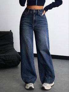 Jeans de mezclilla de algodón para mujer, de cintura media, pierna ancha, largo completo, lavado oscuro, estilo casual y lindo, corte regular, estilo veraniego - Product Image 3