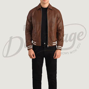 Chaqueta Bomber de Cuero Genuino Marrón para Hombre con Cuello Clásico de Camisa y Puños Acanalados a Rayas, Prenda Deportiva de Cuero Completo de Primera Calidad - Product Image 5
