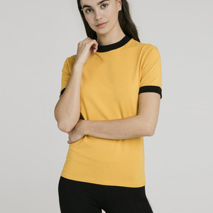 T-shirt à manches courtes col rond jaune moutarde pour femme, coupe classique, couleur unie, tissu tricoté, vêtements décontractés, toutes saisons - Product Image 6