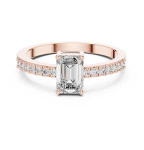 Anillo de Compromiso Art Deco con Moissanita Corte Esmeralda y Banda con Incrustaciones de Piedras en Oro Rosa sobre Acero Inoxidable - Product Image 1