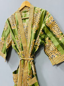 Bata Kimono Larga de Algodón Suave con Estampado de Tigre y Flores, Cuello en V, Cierre con Cordón, Estilo Indio, Lujo Clásico, Verano/Invierno - Product Image 5