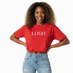 Plus Size Women's <b>Red</b> <b>Crop</b> <b>Top</b> Crew Neck Short Sleeve Solid Color Logo Print Casual Style 100% Cotton Knitted Breathable Spring - Product Image 5