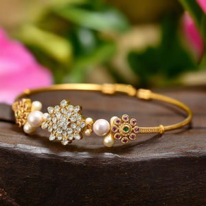 Floral Gold Plated Titanium <b>Bangle</b> <b>Bracelet</b> with Pearl and Diamond Accents - Product Image 3