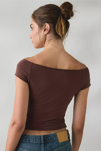 Women's Boat Neck Baby Tee Cotton Spandex Fitted <b>Cap</b> <b>Sleeve</b> Crop <b>Top</b> Raw Edge Y2k Streetwear Boutique Fashion T Shirt Wholesale - Product Image 3