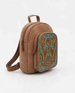 Bohemian Faux Suede <b>Backpack</b> with Turquoise Embossed Floral Panel 13 Inch Unisex Softback Daypack - Product Image 1