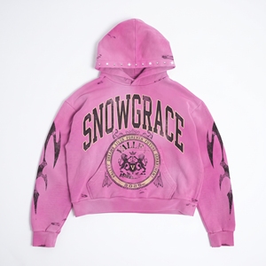 Snowgrace Oversized Crop <b>Hoodie</b> <b>Pink</b> French Terry Unisex Streetwear Print Rhinestone Back Logo Autumn Style - Product Image 1