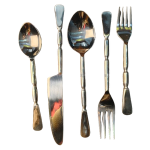 Juego de Cubiertos de Acero Inoxidable de Primera Calidad con Mango de Diseño de Bambú, Juego de Cubiertos de 5 Piezas con Acabado Pulido Espejo para Hoteles de Lujo - Product Image 1