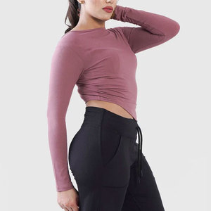 Custom High Elasticity Fitness Wear Seamless <b>Long</b> Sleeve <b>Shirt</b> <b>Women</b> Crop Design V Hem Wide Neck Sportswear <b>Shirt</b> Yoga Top - Product Image 3