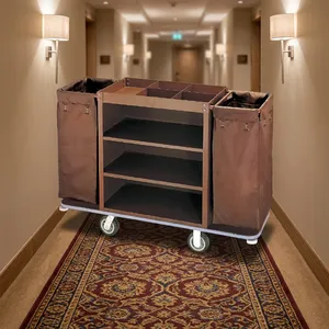 Chariot de ménage marron robuste pour hôtels, centres de villégiature et hôtellerie, avec rangement - Product Image 3
