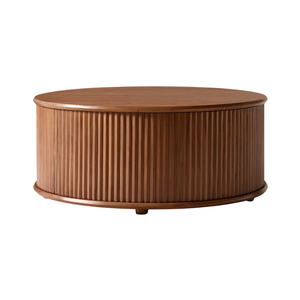 Mesa de Centro Redonda de Madera de Teca Sólida de Estilo Japonés de Lujo con Puerta Corredera Tambour y Almacenamiento Oculto para Muebles de Sala de Estar - Product Image 1