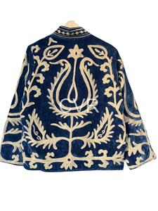 Manteau en velours pour femmes grandes tailles, col mandarin, manches longues, motif floral brodé à la main, vêtements d'extérieur décontractés d'hiver - Product Image 3