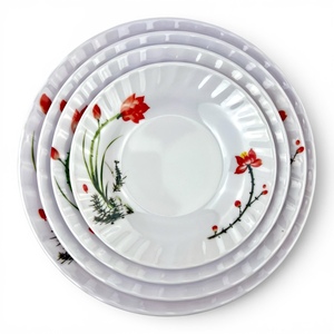 Pigmented <b>Melamine</b> Dinnerware Set with Red Floral Design Asian Zen Style Dishwasher Safe Deep Plates <b>Bowl</b> Party - Product Image 6
