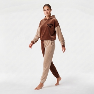 Ensemble de survêtement décontracté en velours pour femme, avec sweat à capuche et pantalon, blocs de couleur, manches longues, poignets côtelés, poches, coupe ample, deux pièces - Product Image 3