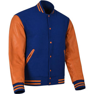 Men's Blue Wool Varsity <b>Jacket</b> With Orange <b>Leather</b> Sleeves Stand Collar Preppy Style Autumn Wear - Product Image 2