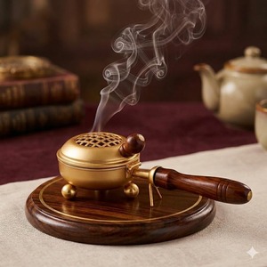 Handmade Gold Brass Incense Burner with <b>Wooden</b> Handle <b>Lattice</b> Lid Censer for Aromatherapy - Product Image 1
