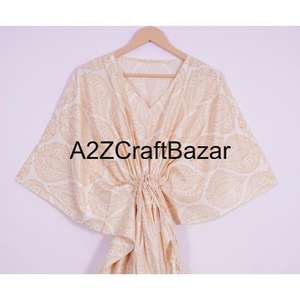 Kaftan court indien fait main, imprimé floral, écologique, lavable, vêtement de nuit naturel, robe kimono, paréo de plage court - Product Image 2