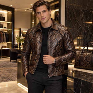 Veste en cuir pour homme, imprimé serpent orange, cuir véritable embossé python, veste de motard personnalisée avec fermeture éclair, style vintage - Product Image 6