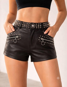 <b>High</b> <b>Waist</b> Studded <b>Leather</b> <b>Shorts</b> With Rivet Details Punk Style <b>Black</b> Women's <b>Shorts</b> - Product Image 3