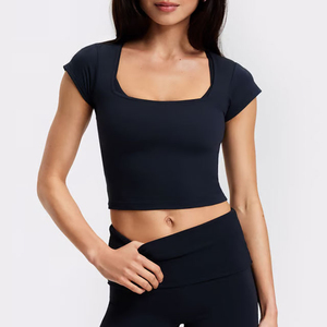 <b>Womens</b> Solid Color <b>Square</b> <b>Neck</b> Cap Sleeve Crop <b>Top</b> Knitted Breathable Sporty Fit for Spring Summer Casual Daily Wear Comfortable - Product Image 1