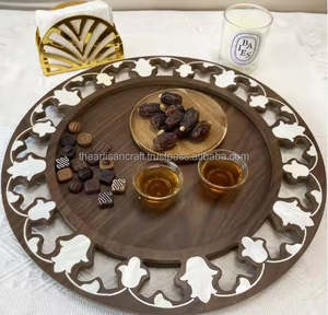 Plateau de service à dessert en bois d'acacia de luxe Style arabe vadrouille incrustée de nacre - Product Image 1