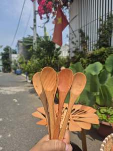 Cuillère en bois naturel de style japonais du Vietnam pour la soupe, le riz, le café, le mélange et le service des repas avec des poêles antiadhésives - Product Image 1