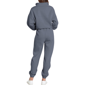 Ensemble survêtement molletonné deux pièces pour femme, bleu ardoise, avec sweat-shirt demi-zip et pantalon de jogging, en mélange coton et polyester, OEM - Product Image 2