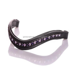 Bande de front de cheval en cuir de canal vide en forme de vague noire de qualité supérieure incrustée de cristaux violets et clairs bande de front de chaîne diamante bling - Product Image 2