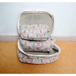 Hand Block Printed cotton Quilted vanity set With Zip Closure Floral Printed Cotton Fabric Bag for Women Cosmetic Bag Set - Product Image 4