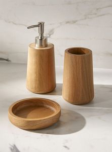 <b>Wood</b> <b>Bathroom</b> Set Three-Piece Minimalist Soap Dispenser Tray Toothbrush Holder Rectangle Design Eco-Friendly Easy To Clean Decor - Product Image 5